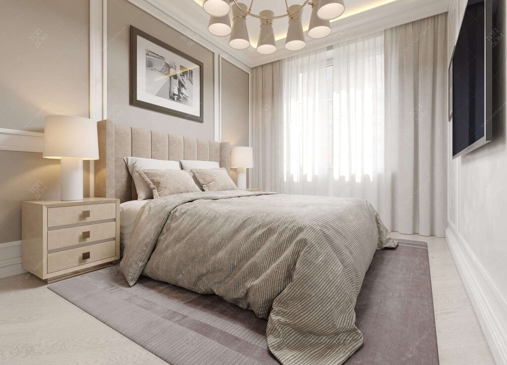 The interior of the bedroom in beige tones