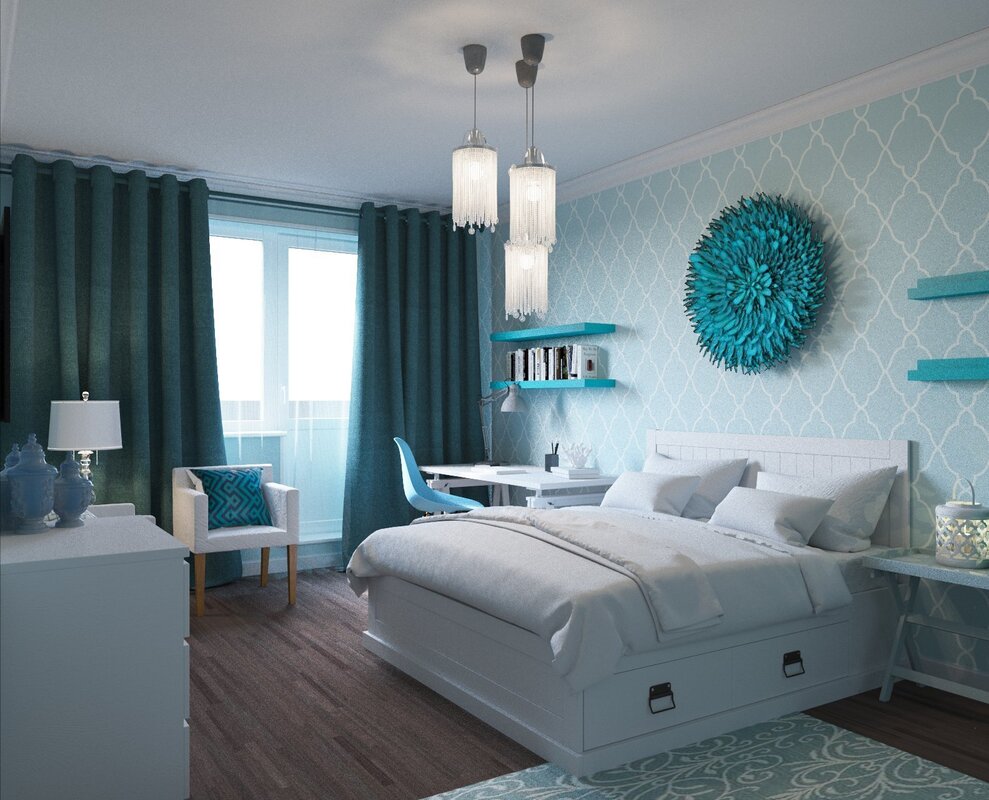 The interior of the bedroom in turquoise tones