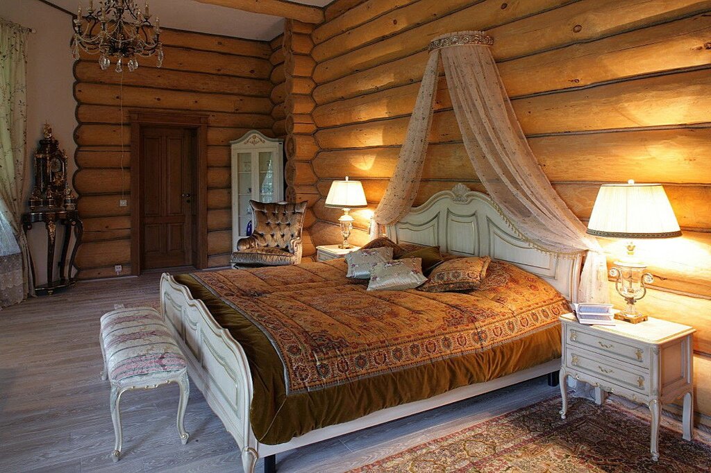 The interior of a bedroom in a log house