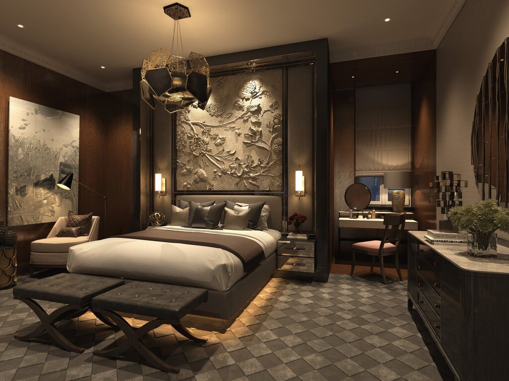 The interior of the bedroom in brown tones