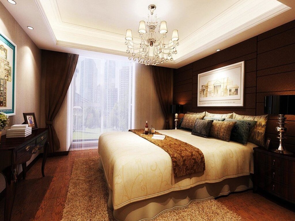 The interior of the bedroom in brown and beige tones