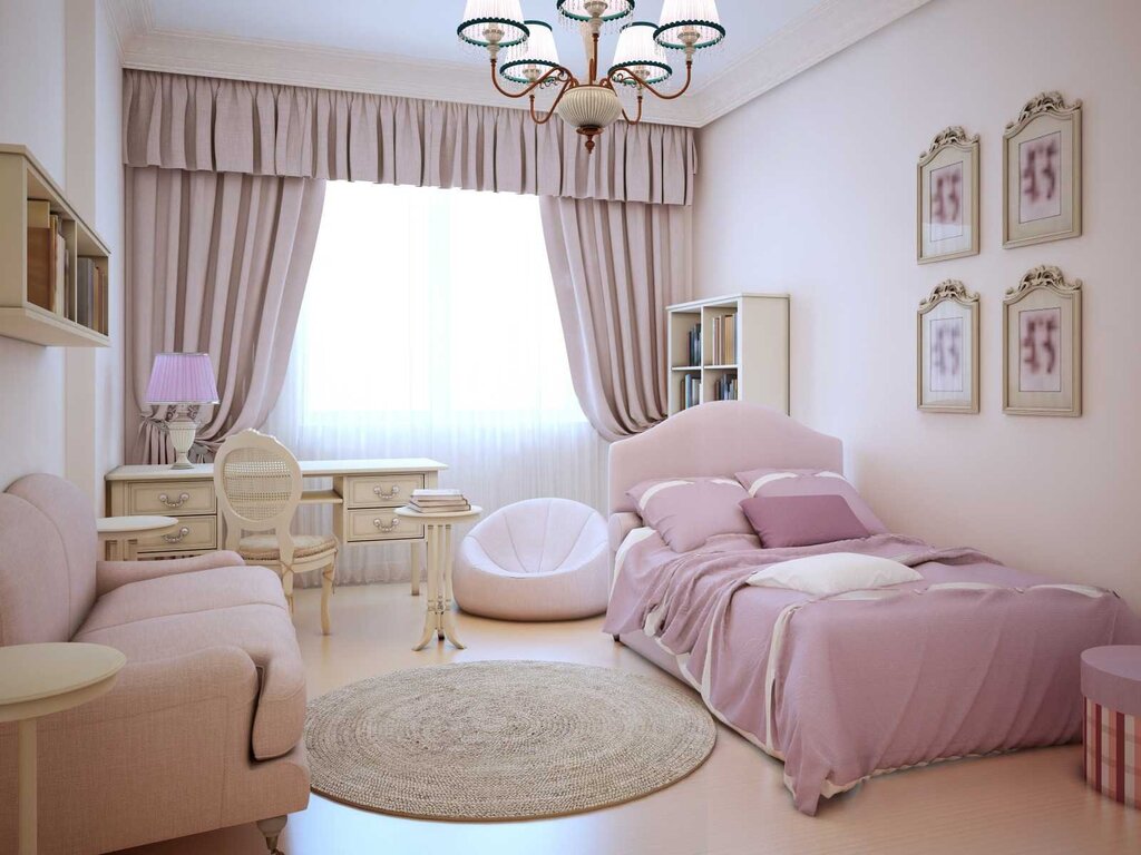 The interior of the bedroom in pastel colors