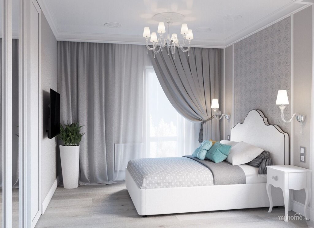 Interior of the bedroom in gray tones