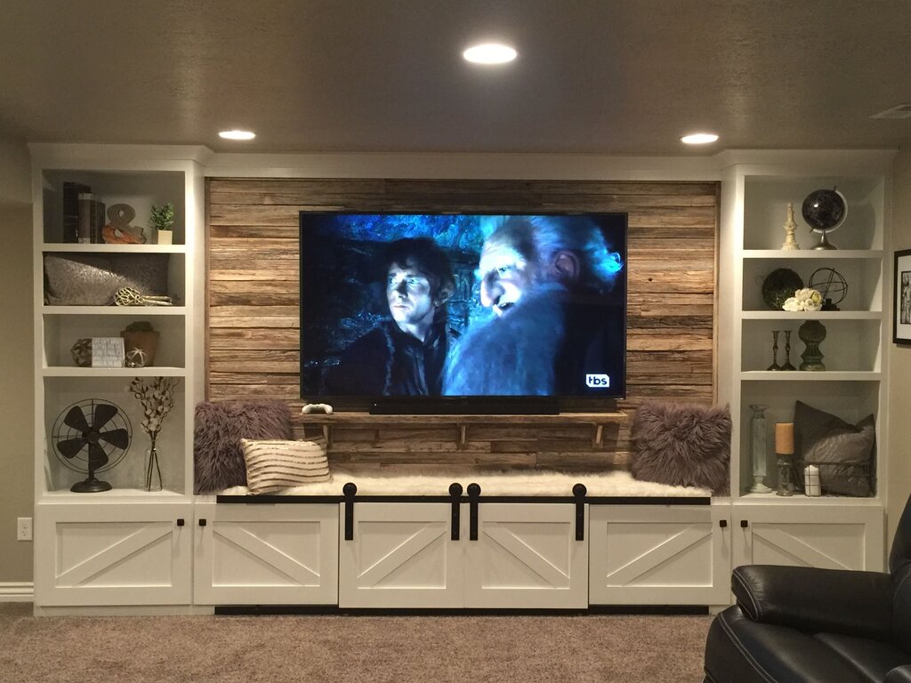 The interior of the wall unit in the living room with a television