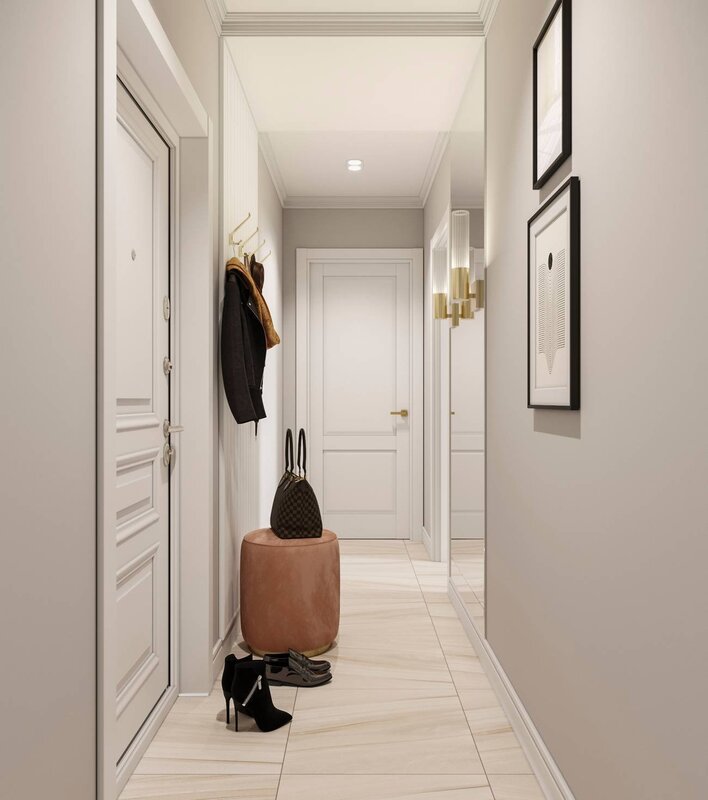 The interior of a narrow hallway in an apartment