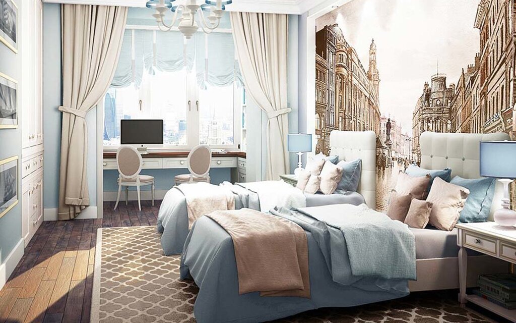 Interior in beige and blue tones