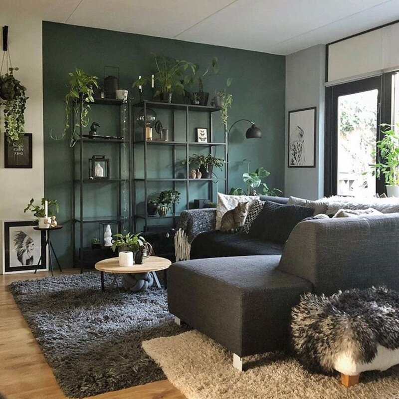 The interior in gray-green tones