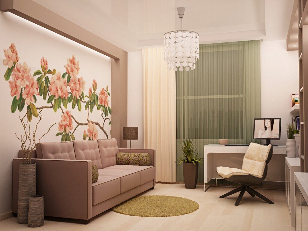 The interior of the living room in a one-bedroom apartment