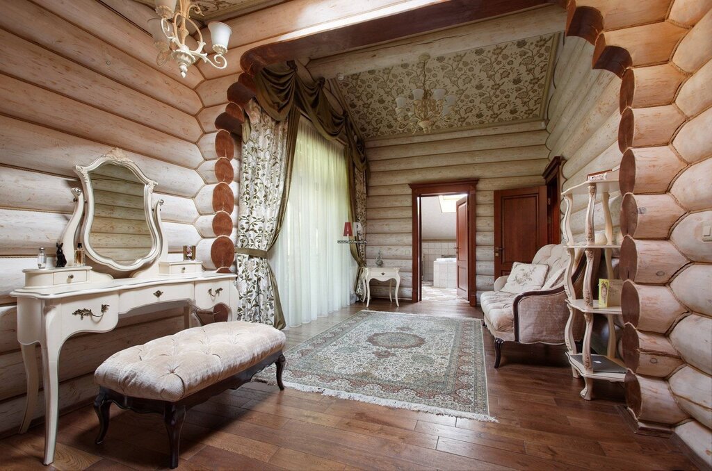 Interiors of log wooden houses