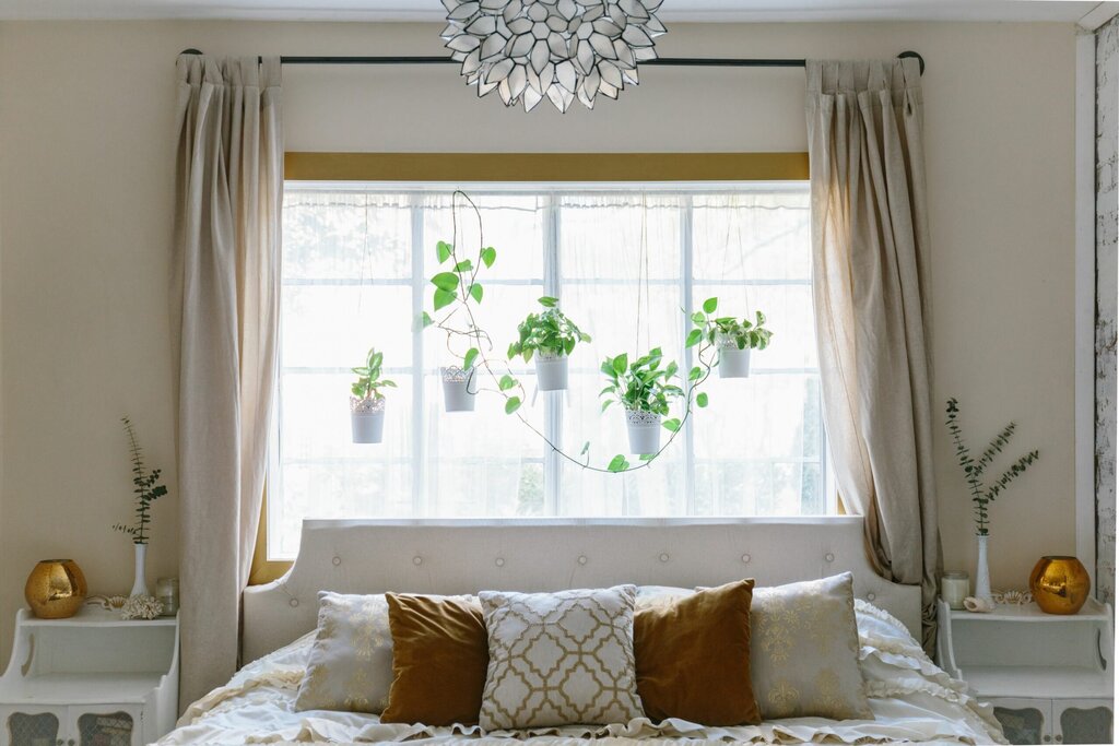 The headboard of the bed by the window in the bedroom