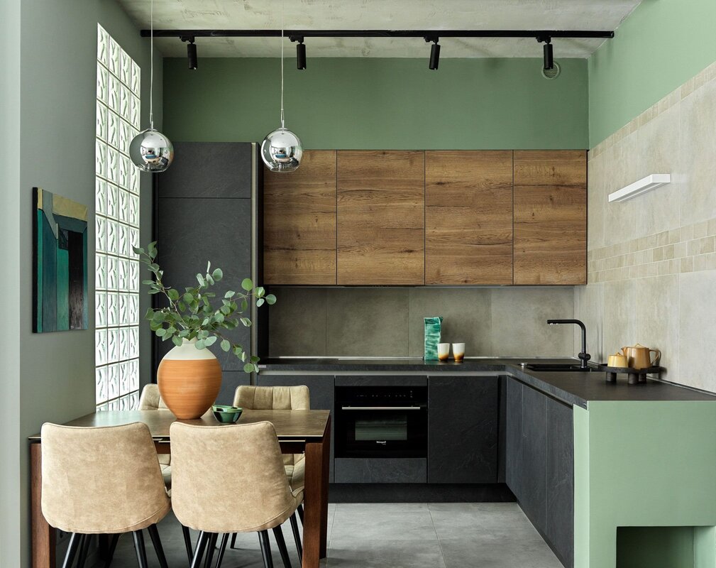 Emerald kitchen with a wooden countertop