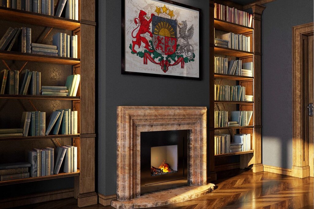 Fireplace and bookshelves in the interior