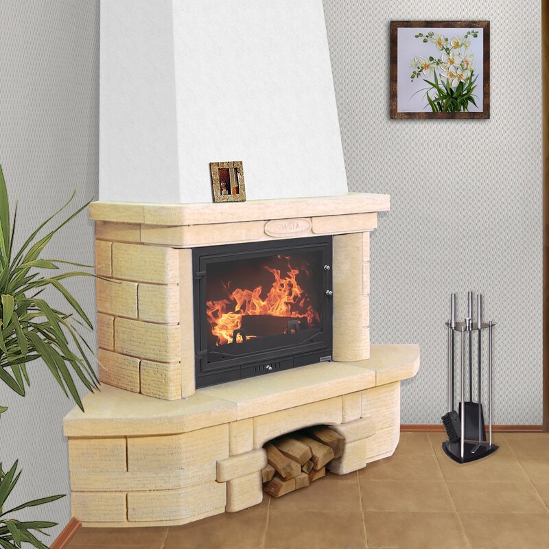 A brick fireplace with a cast-iron firebox