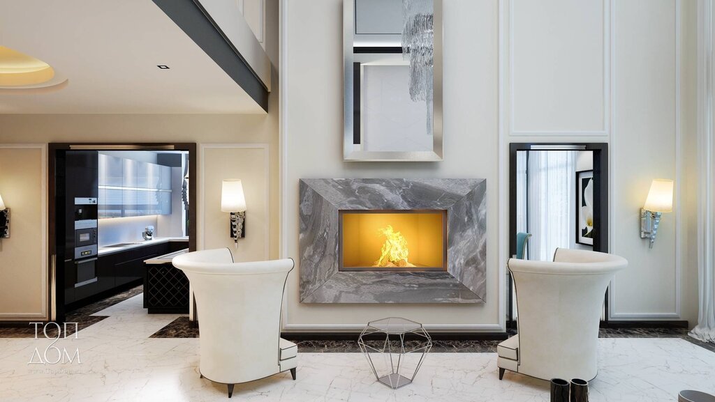 A marble fireplace in the interior