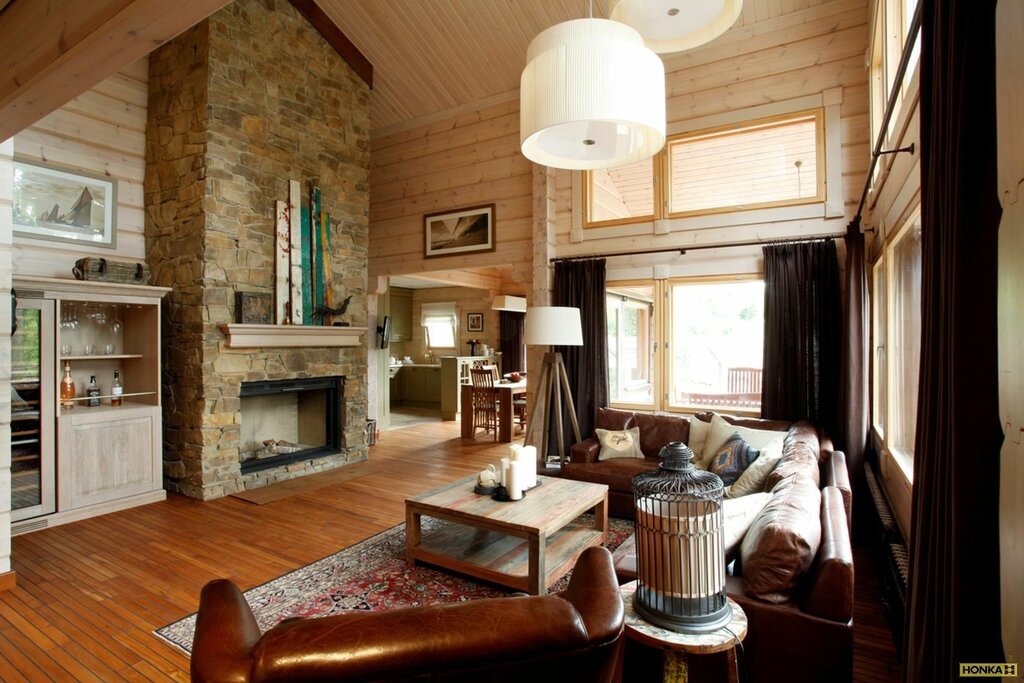 A fireplace in a wooden country house