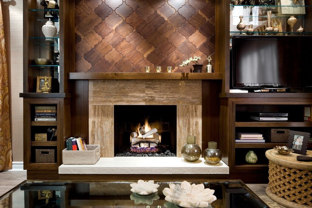 A tiled fireplace