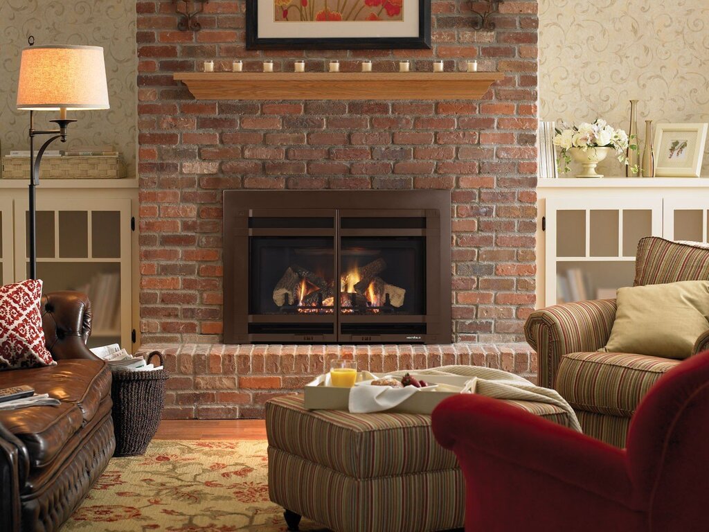 A brick-style fireplace in the interior