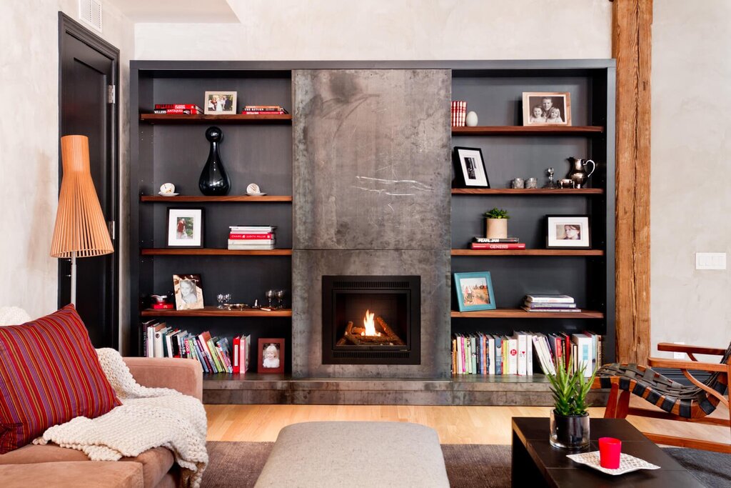 Fireplace with shelves on the sides