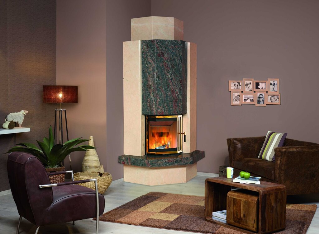 Corner wood-burning fireplace