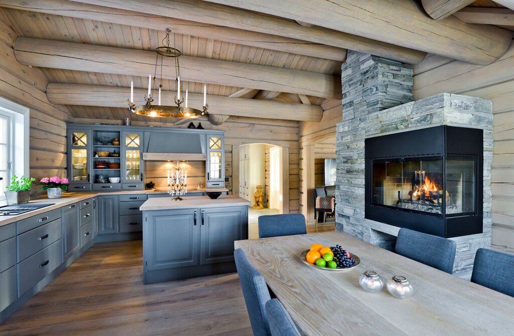 Fireplace in a wooden house