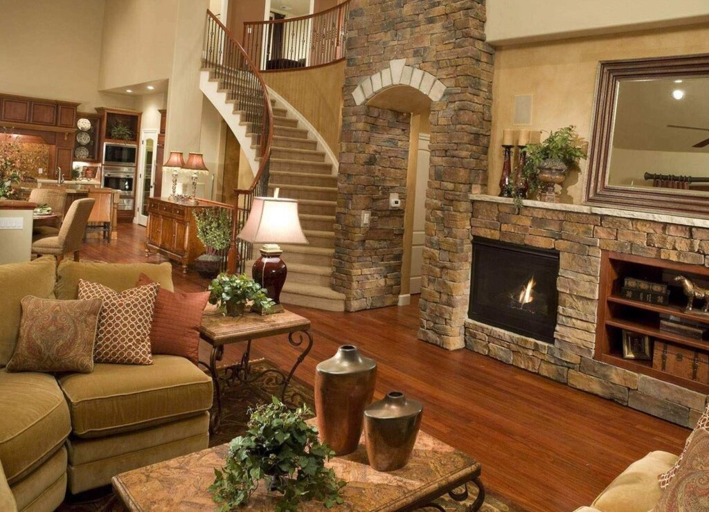 A fireplace in the interior of a country house