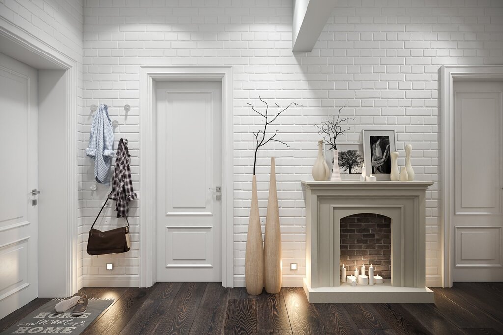 A fireplace in the hallway