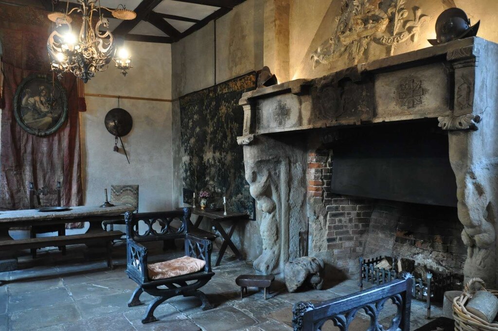 A fireplace in a medieval castle