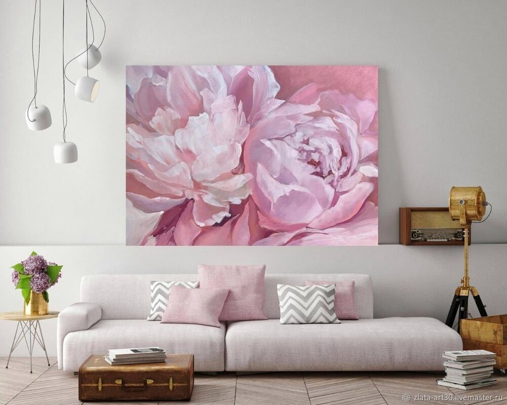 Paintings with peonies in the interior