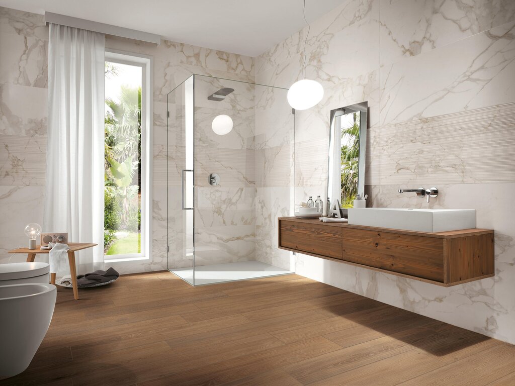 Porcelain stoneware tiles for the bathroom