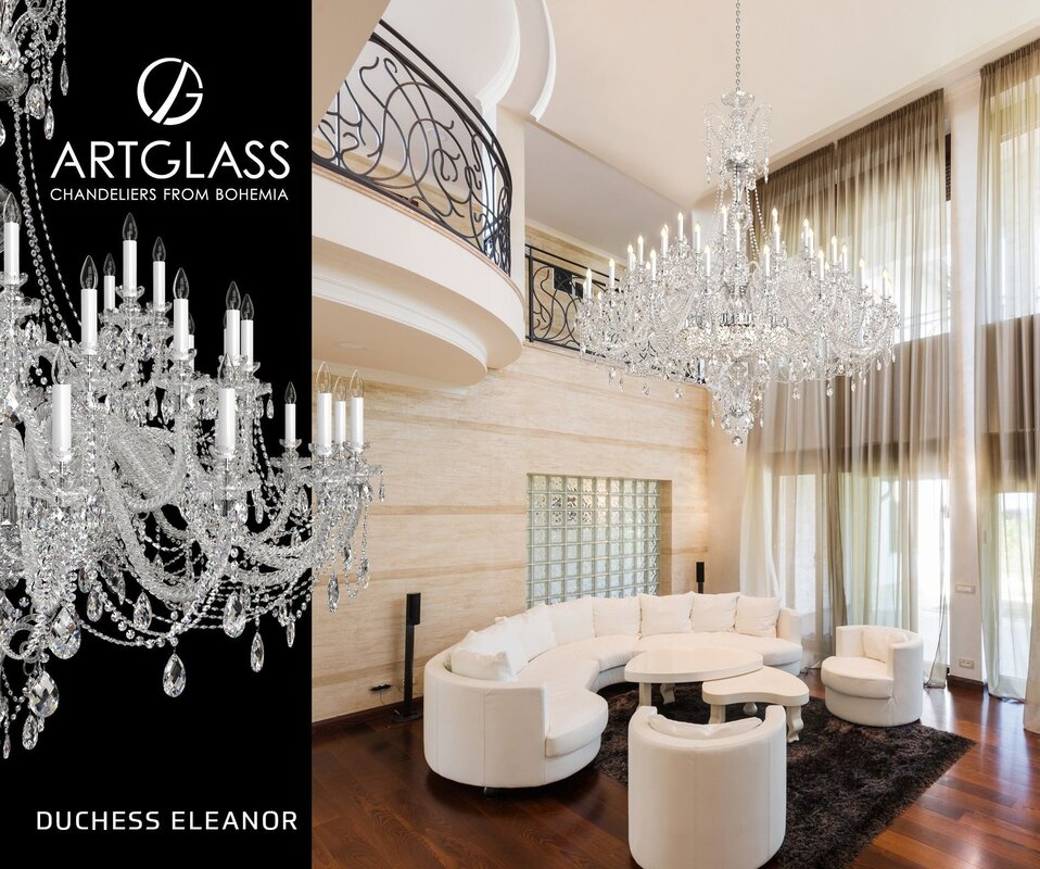 A crystal chandelier in the living room interior