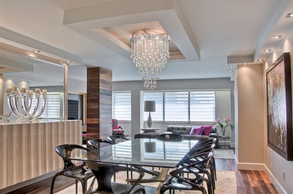 A crystal chandelier in a modern interior