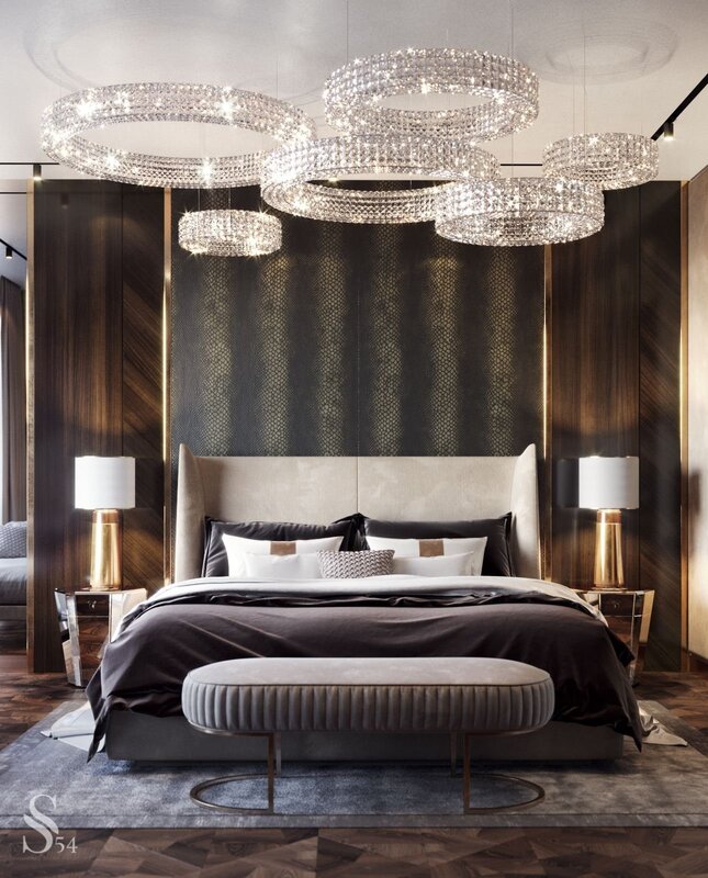 A crystal chandelier in the bedroom