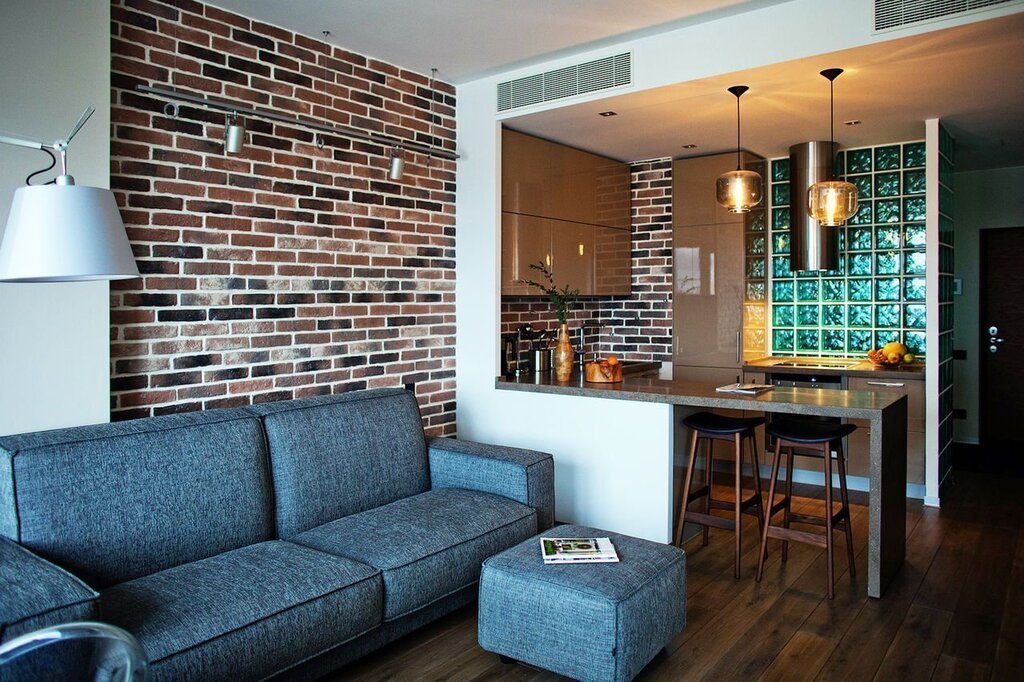 Brick wall in the kitchen-living room