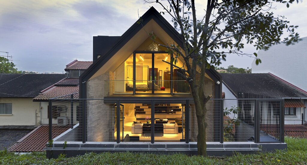 A brick house with panoramic windows