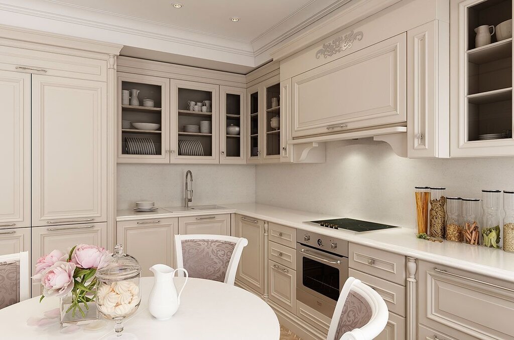 Classic corner kitchen in light tones