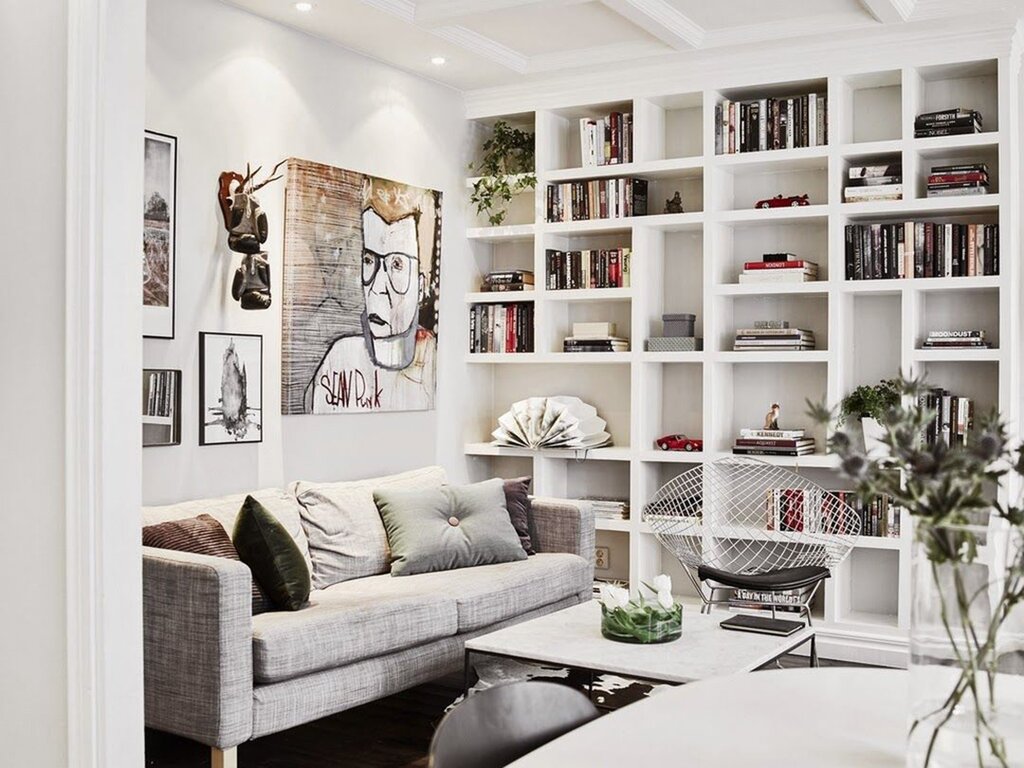 A bookshelf in the living room interior