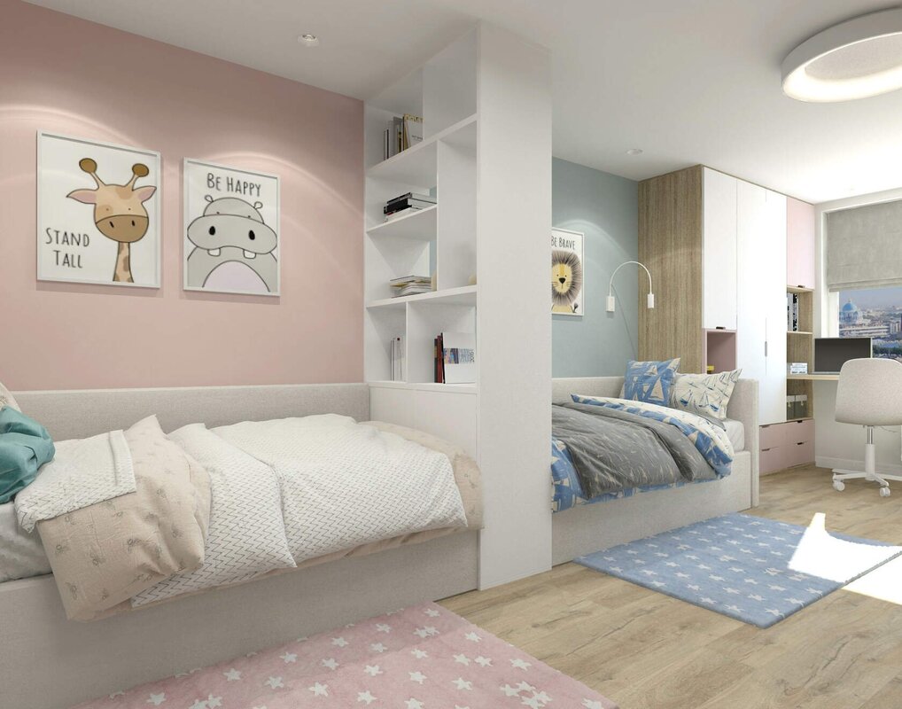 A room for children of different genders with a partition 36 фото