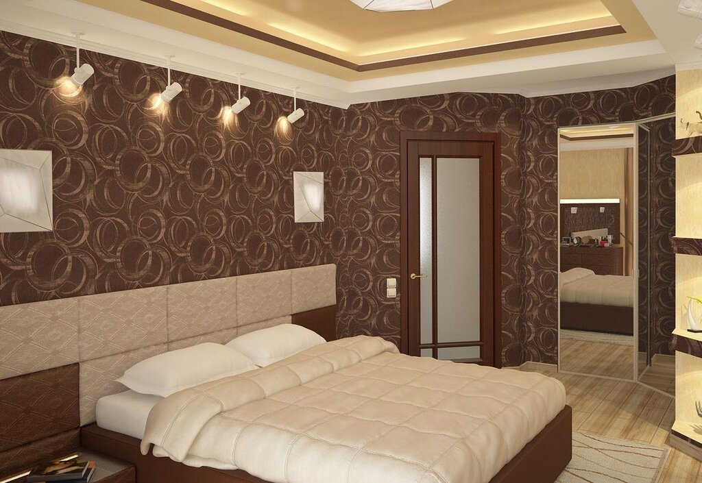 A room with brown wallpaper