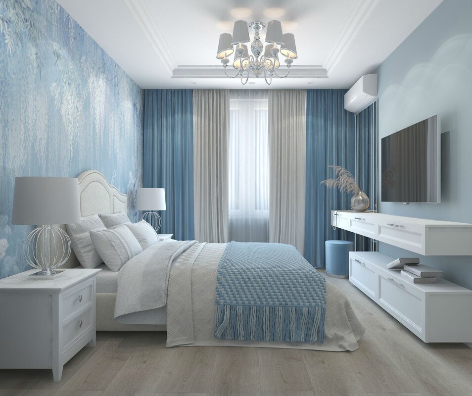 A room in white and blue tones