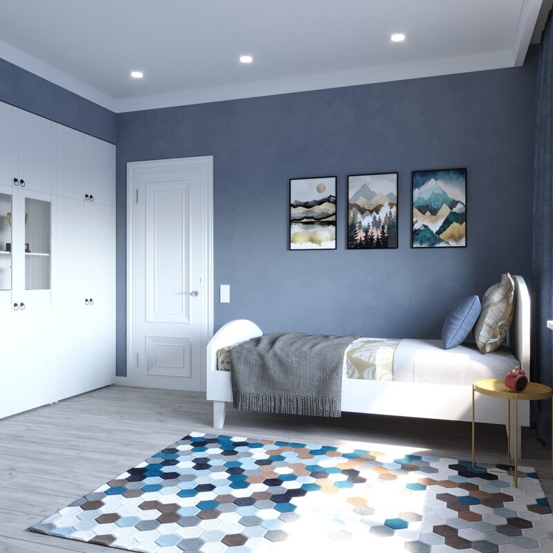 A room in shades of gray and blue