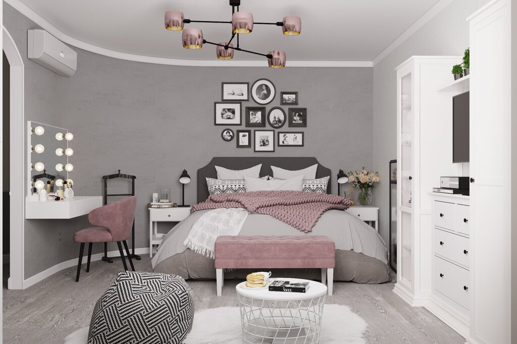 A room in grey and pink tones