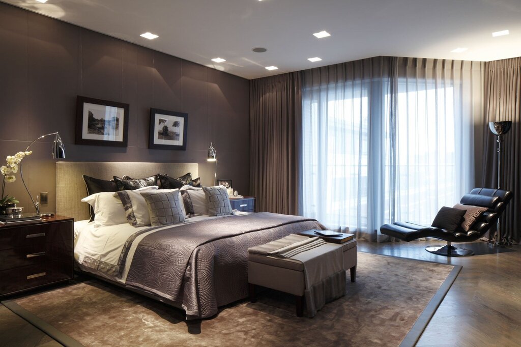 Brown wallpaper in the bedroom interior