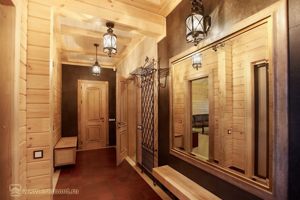 A corridor with wooden paneling