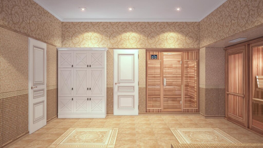 A corridor with panels and wallpaper