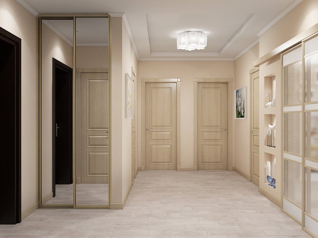 The corridor with light-colored doors