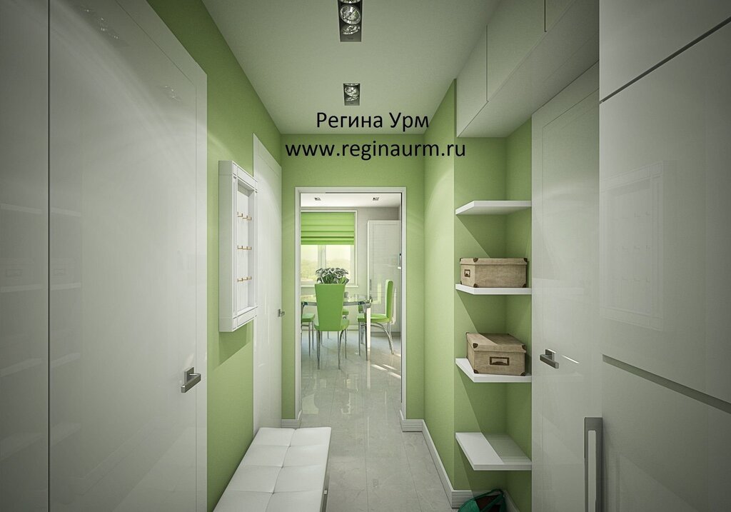 A corridor in green tones