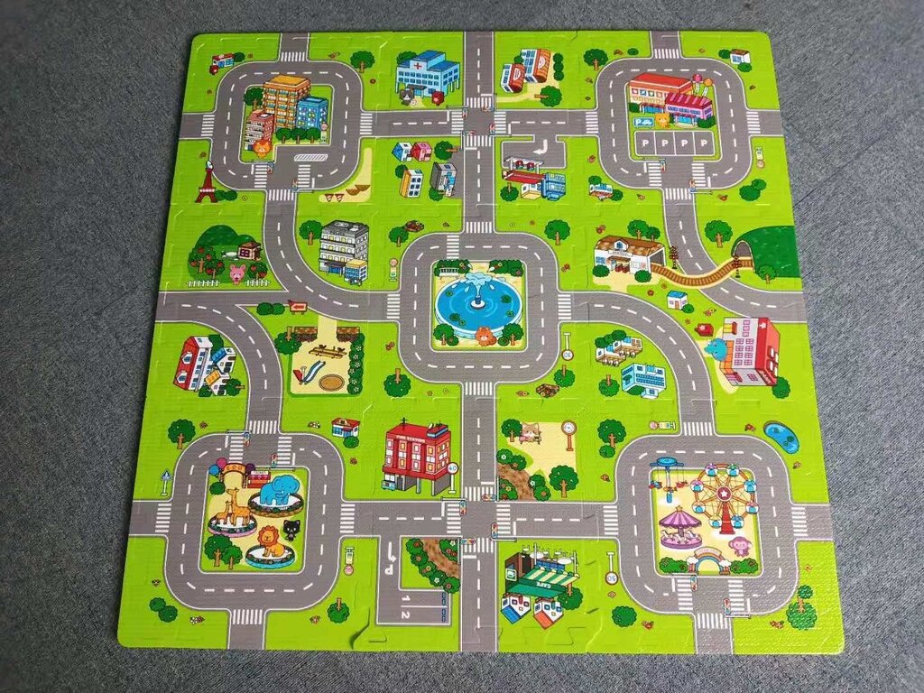 Car mat with a road for toy cars