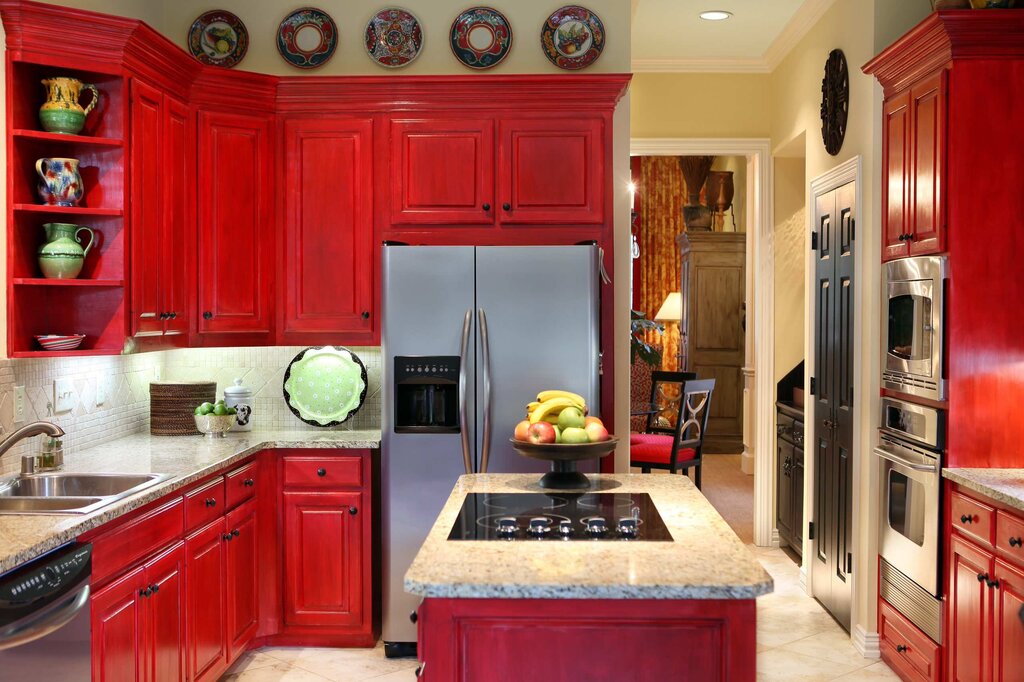 Red kitchen in the interior