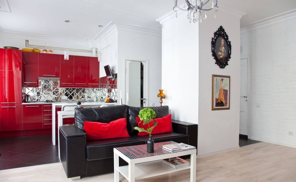 Red furniture in the living room interior