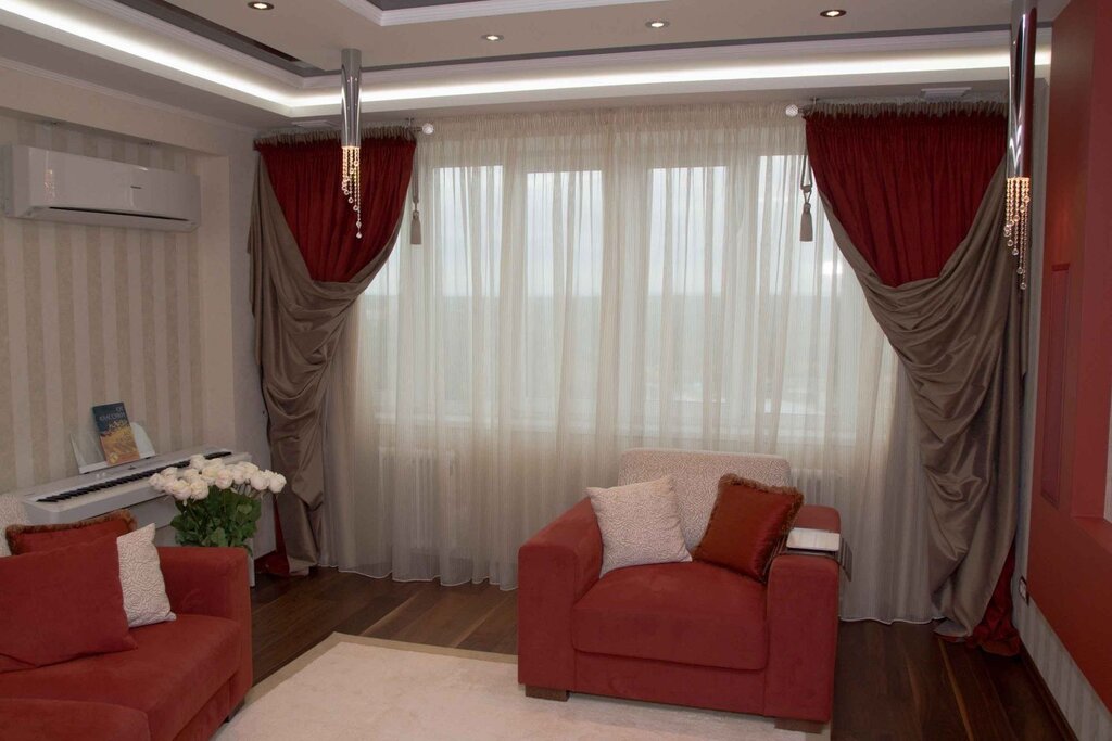 Red curtains in the living room